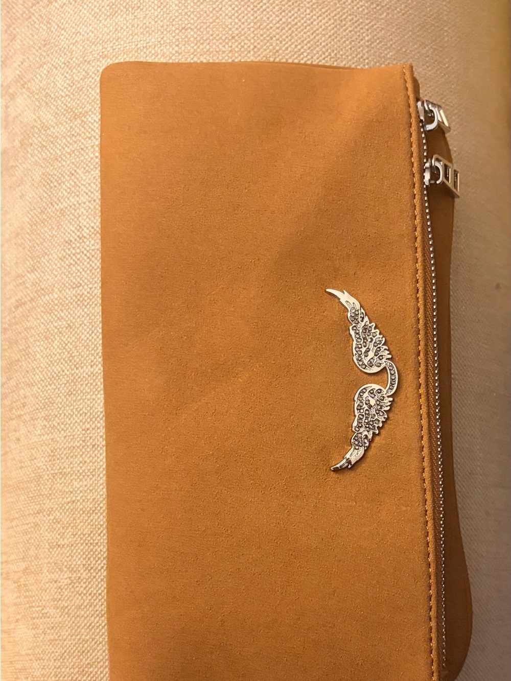 Zadig & Voltaire Tan Suede Zip Wallet with Silver Wing Accent